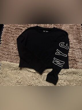 flirtitude Black Cropped Long Sleeve Tee with White NYS Sleeve Print